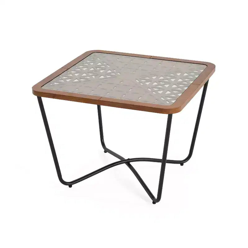 Tavolino da Caffè Quadrato in Vetro con Top Geometrico Intagliato e Struttura in Metallo