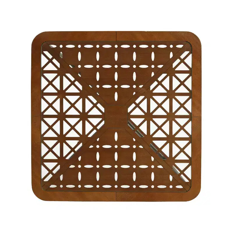 Tavolino da Caffè Quadrato in Vetro con Top Geometrico Intagliato e Struttura in Metallo