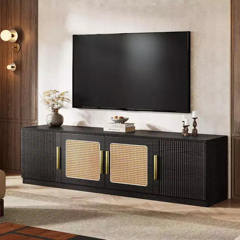 Mobile TV da 70,9" con scaffale a 6 livelli e ante in rattan, adatto per TV fino a 80 pollici