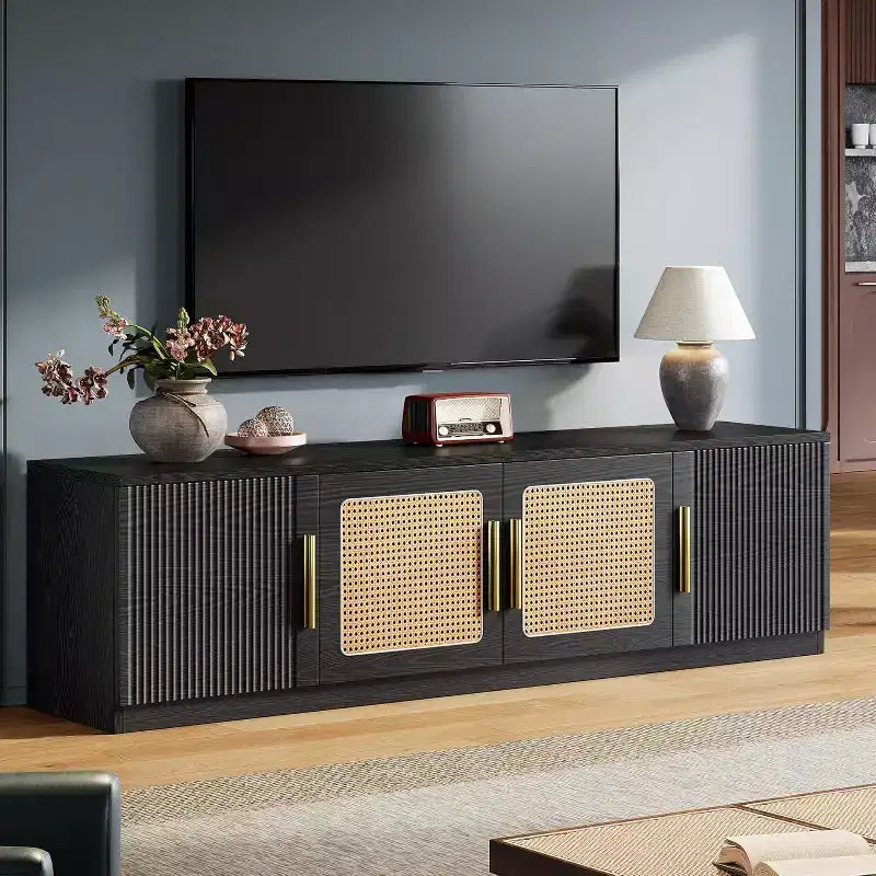 Mobile TV da 70,9" con scaffale a 6 livelli e ante in rattan, adatto per TV fino a 80 pollici