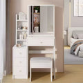 Vanity Table Set, Makeup Vanity with Cushioned Stool, Multi Storage Shelves, 4 Drawers, Right Sliding Mirror, Modern Dressing Table for Girl Women