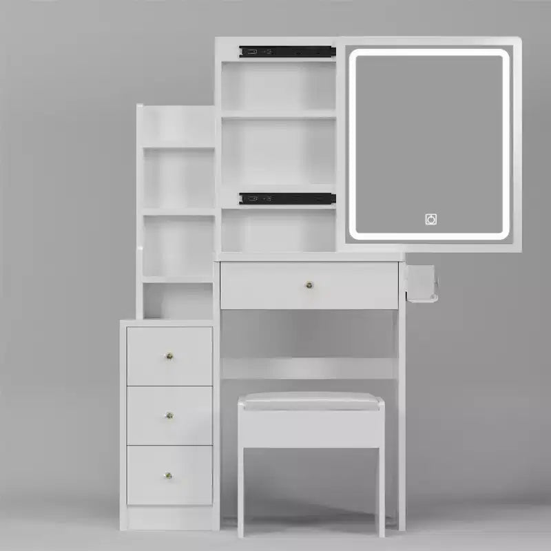 Set toeletta con sgabello imbottito, 4 cassetti, specchio scorrevole e ripiani portaoggetti
