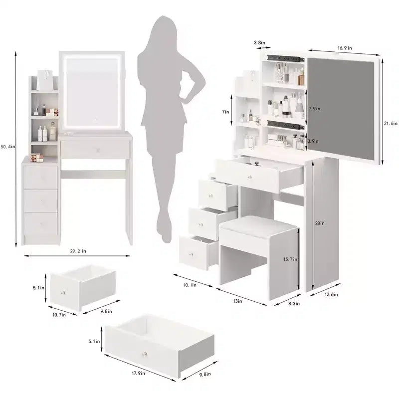 Set toeletta con sgabello imbottito, 4 cassetti, specchio scorrevole e ripiani portaoggetti