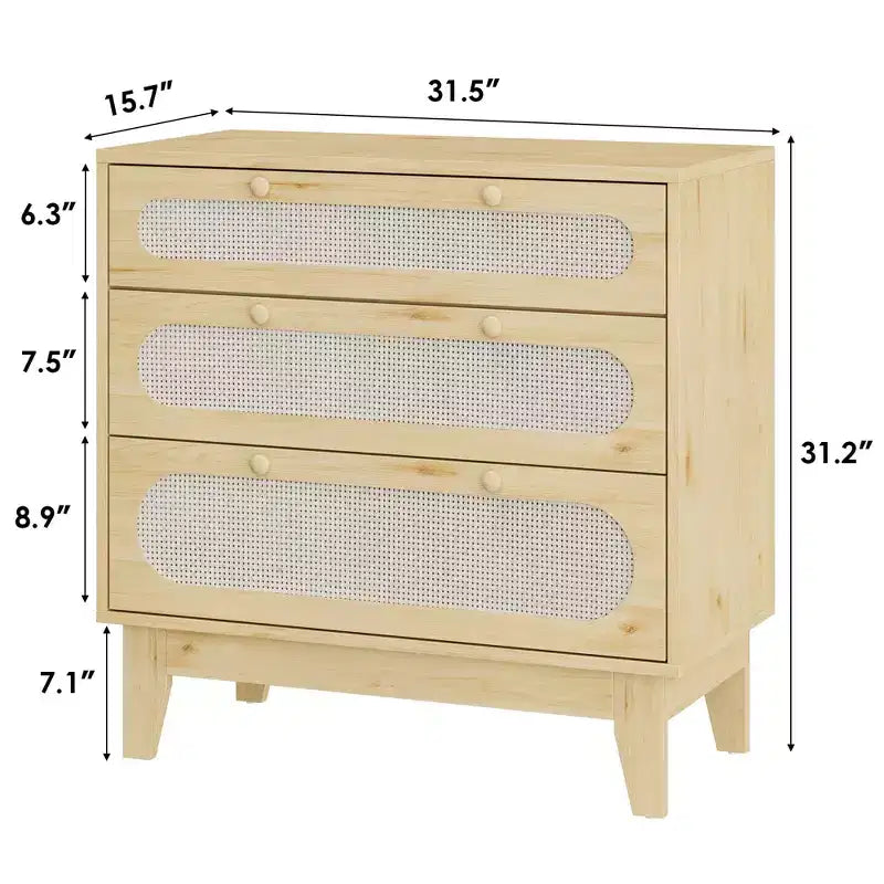 Cassettiera in Rattan a 3 Cassetti con Struttura in Legno e Kit Antiribaltamento