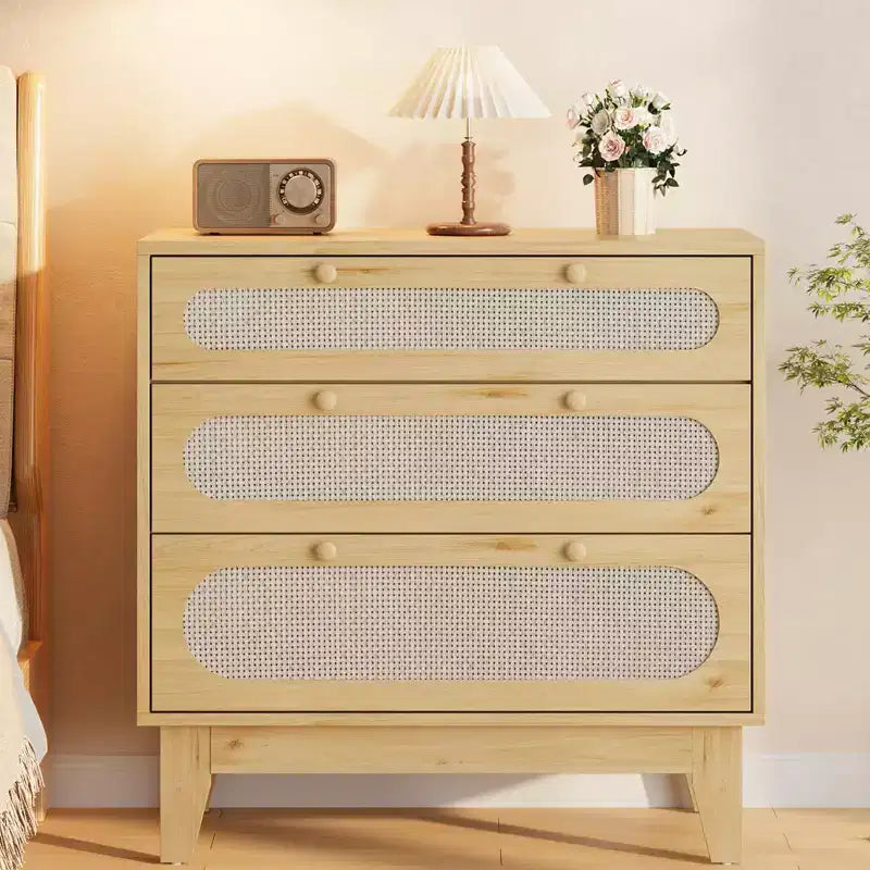 Cassettiera in Rattan a 3 Cassetti con Struttura in Legno e Kit Antiribaltamento