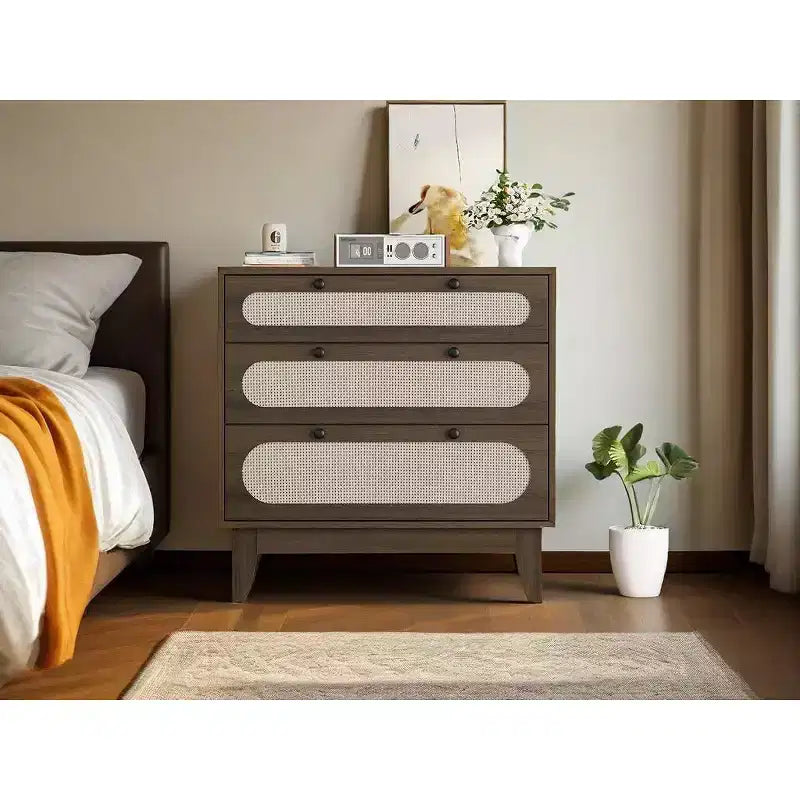 Cassettiera in Rattan a 3 Cassetti con Struttura in Legno e Kit Antiribaltamento
