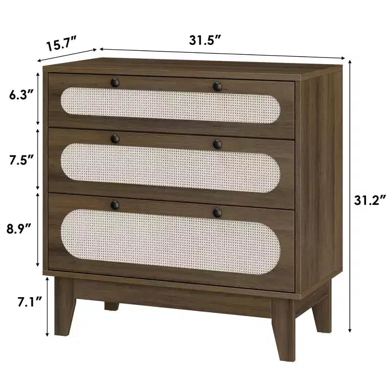 Cassettiera in Rattan a 3 Cassetti con Struttura in Legno e Kit Antiribaltamento