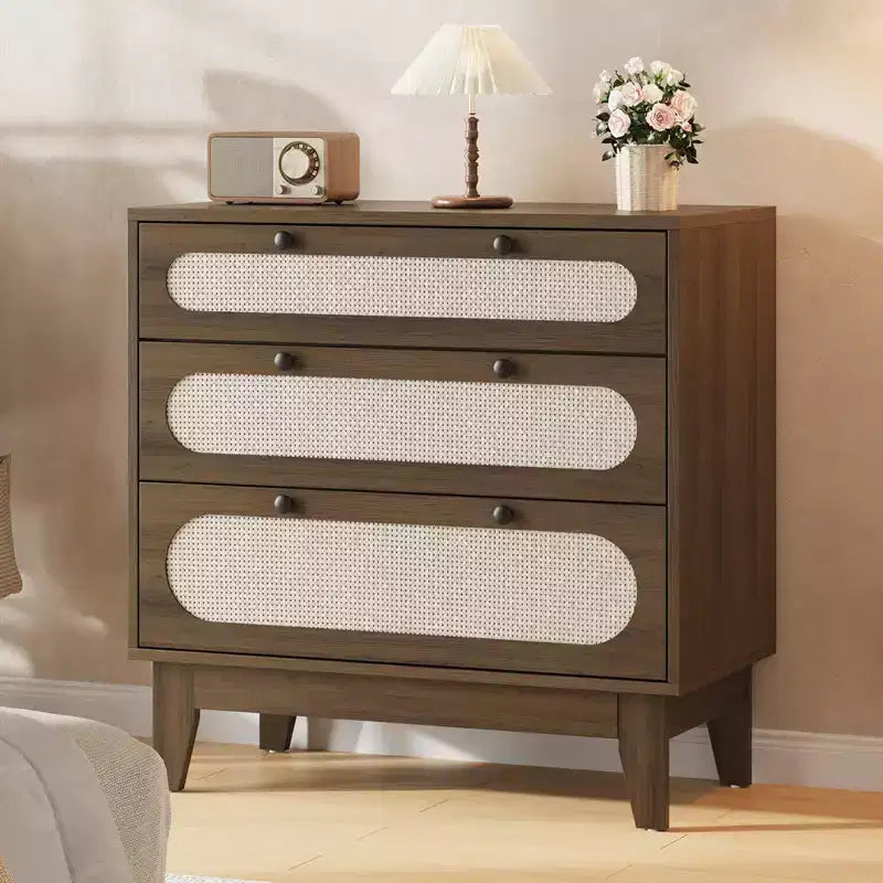 Cassettiera in Rattan a 3 Cassetti con Struttura in Legno e Kit Antiribaltamento