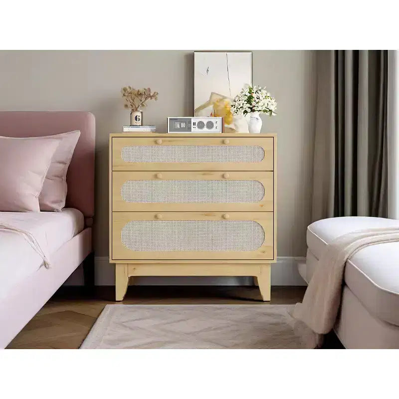Cassettiera in Rattan a 3 Cassetti con Struttura in Legno e Kit Antiribaltamento