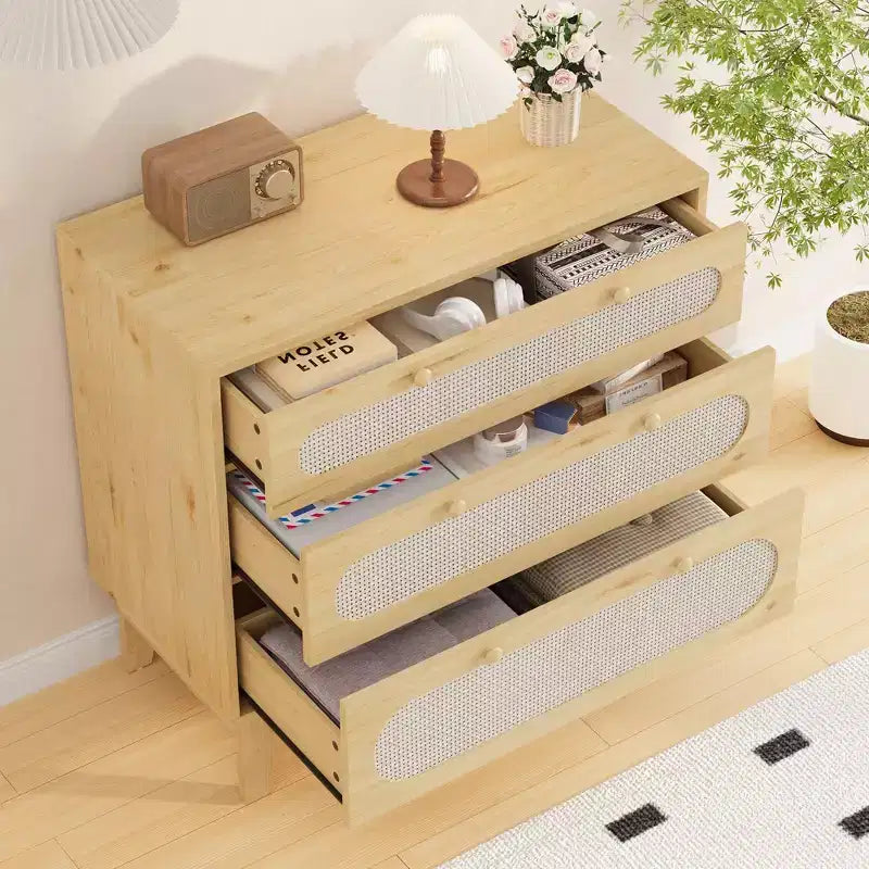 Cassettiera in Rattan a 3 Cassetti con Struttura in Legno e Kit Antiribaltamento