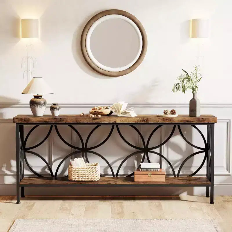 Okak Industrial Metal Extra Long Console Table with Storage Base,Modern Narrow Entryway Table,Sofa Table Behind Couch for Hallway,Living Room
