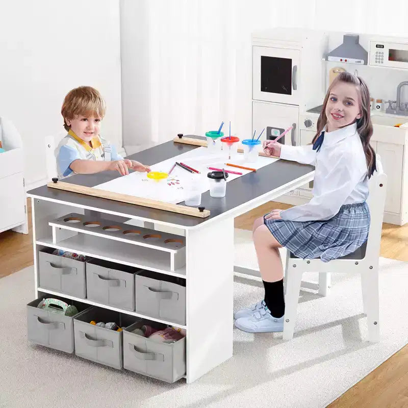 Kids Wooden Art Table & Chairs Set - Toddler Craft Play Desk with Storage Bins, Children's Drawing Activity Study Table for Creative Play & Crafts
