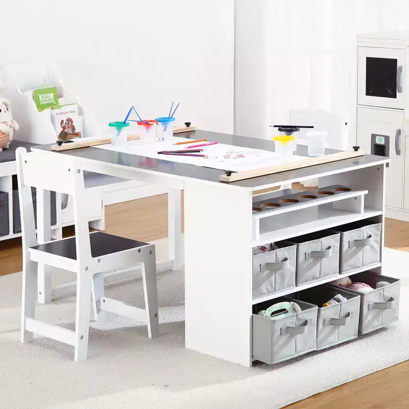 Set tavolo e sedie in legno per bambini con contenitore