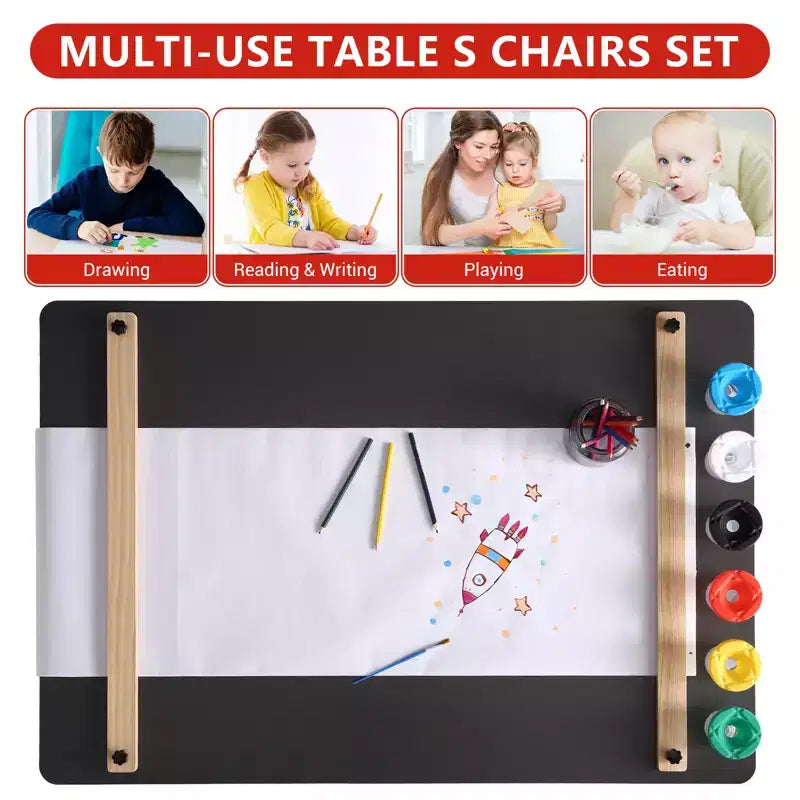 Set tavolo e sedie in legno per bambini con contenitore