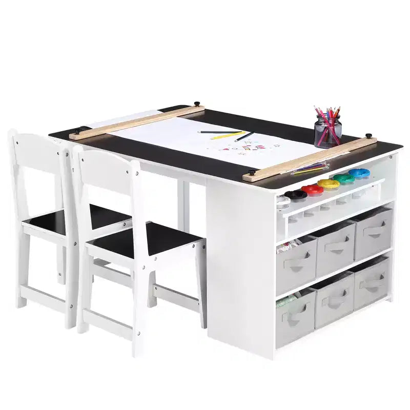 Set tavolo e sedie in legno per bambini con contenitore