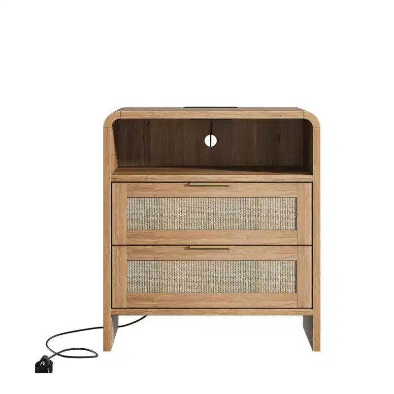 Comodino in Legno Rustico e Rattan con 2 Cassetti, Stazione di Ricarica e Luce Notturna a LED