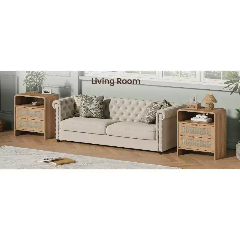 Comodino in Legno Rustico e Rattan con 2 Cassetti, Stazione di Ricarica e Luce Notturna a LED