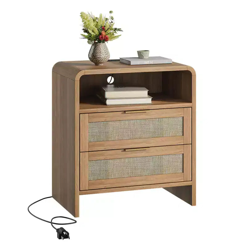 Comodino in Legno Rustico e Rattan con 2 Cassetti, Stazione di Ricarica e Luce Notturna a LED
