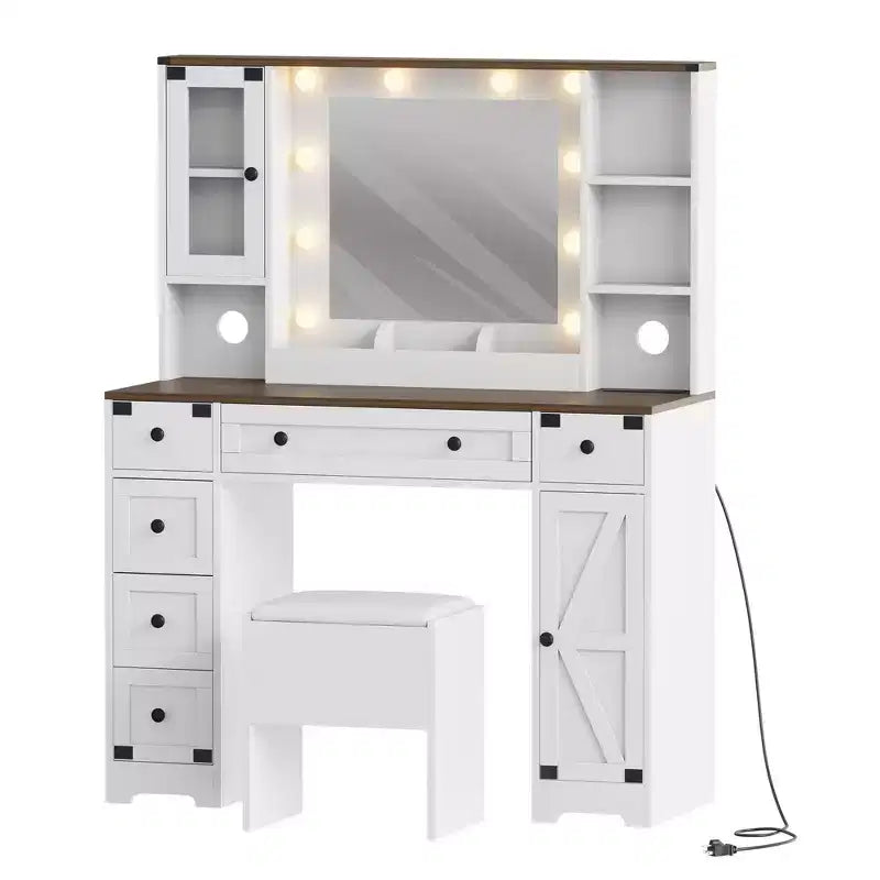Farmhouse Vanity Desk with Mirror and Lights, 6-Drawer Makeup Table with Charging Station, 2 Cabinets and Cushioned Stool Set for Bedroom