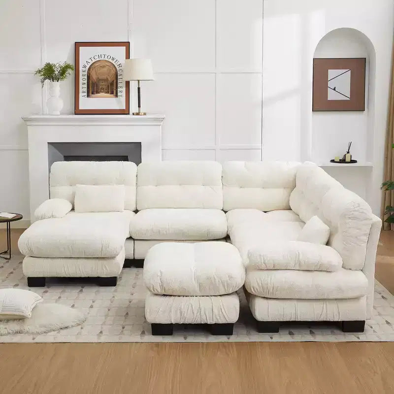 Divano componibile a U con pouf mobile, divano angolare a 7 posti in ciniglia per soggiorno
