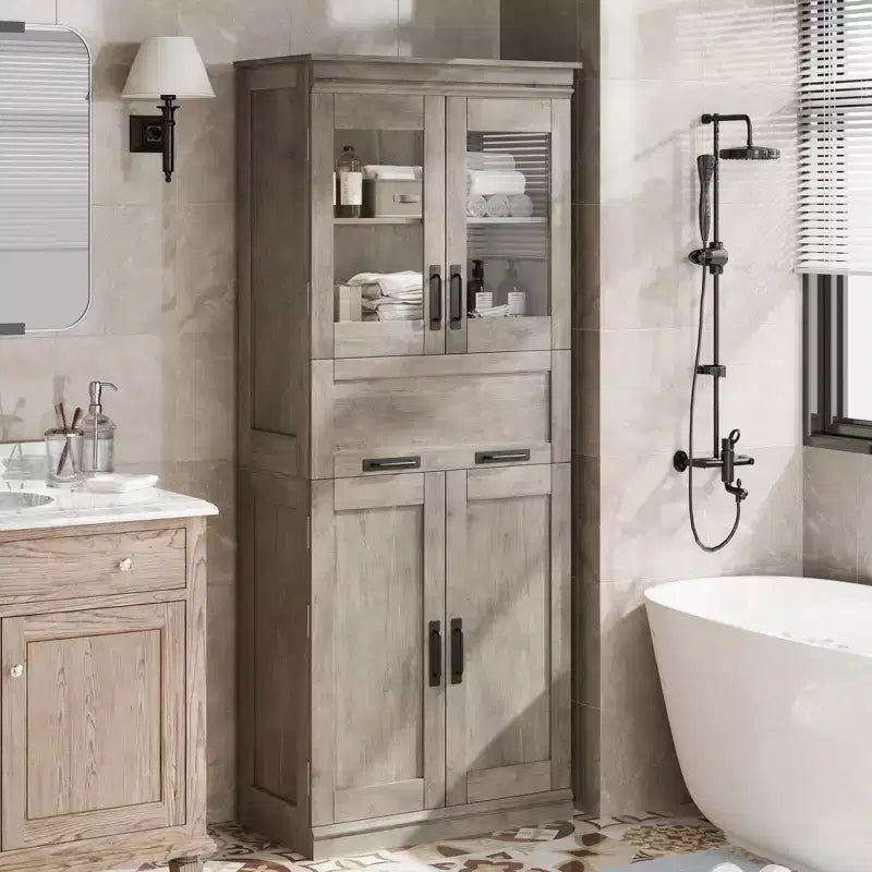 Mobiletto indipendente per bagno da 170 cm con 4 ante, cassetto in vetro e ripiani regolabili