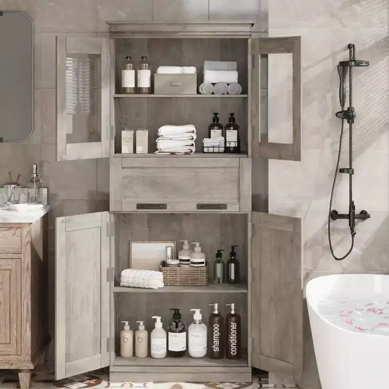 Mobiletto indipendente per bagno da 170 cm con 4 ante, cassetto in vetro e ripiani regolabili