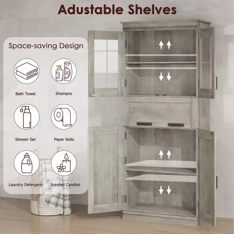 Mobiletto indipendente per bagno da 170 cm con 4 ante, cassetto in vetro e ripiani regolabili