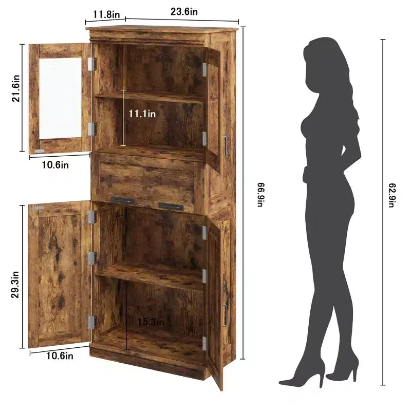 Mobiletto indipendente per bagno da 170 cm con 4 ante, cassetto in vetro e ripiani regolabili