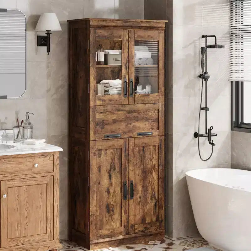 Mobiletto indipendente per bagno da 170 cm con 4 ante, cassetto in vetro e ripiani regolabili