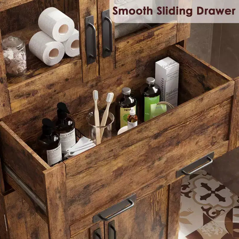 Mobiletto indipendente per bagno da 170 cm con 4 ante, cassetto in vetro e ripiani regolabili