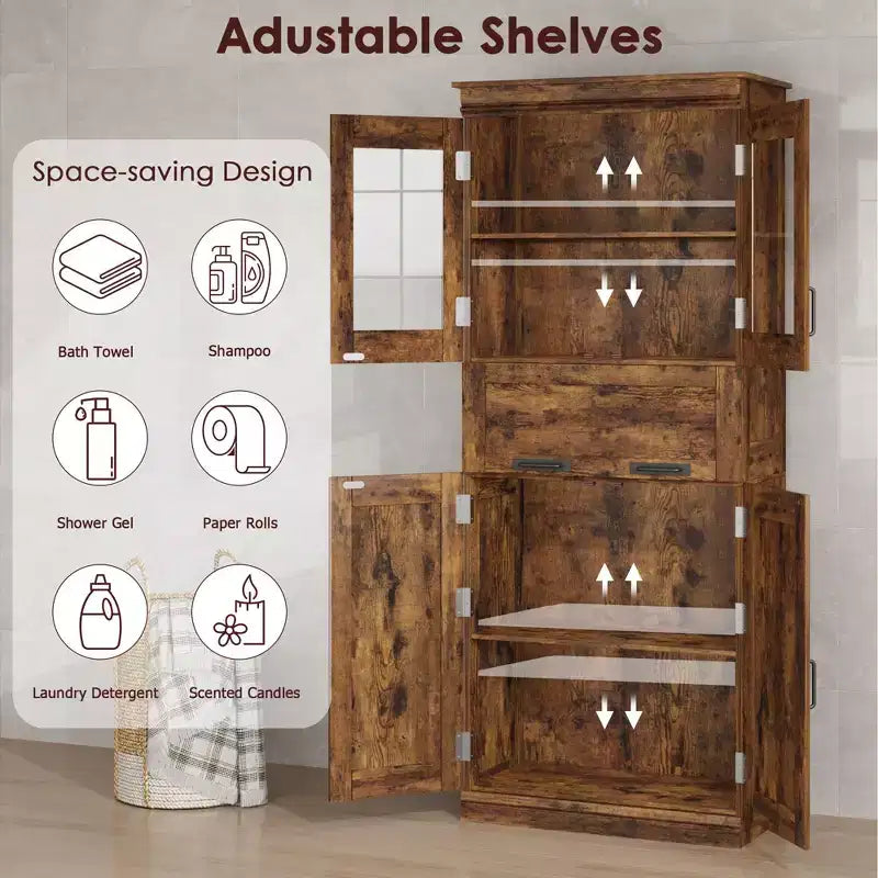 Mobiletto indipendente per bagno da 170 cm con 4 ante, cassetto in vetro e ripiani regolabili