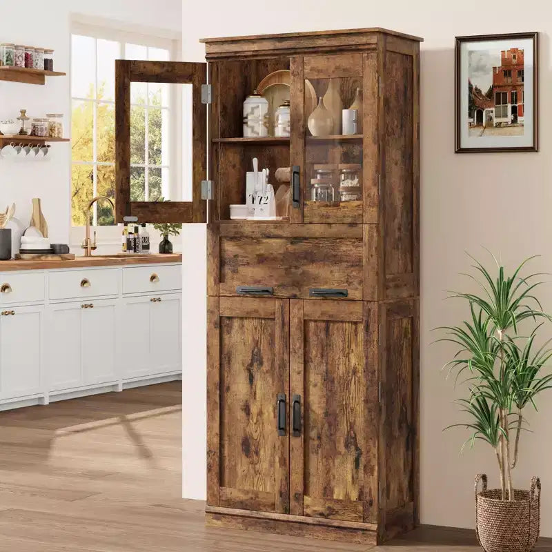 67Tall Freestanding Bathroom Storage Cabinet4 Doors, Fold Glass Drawer, Adjustable Shelves, Space-Saving Organizer for Kitchen Living Room Bathroom