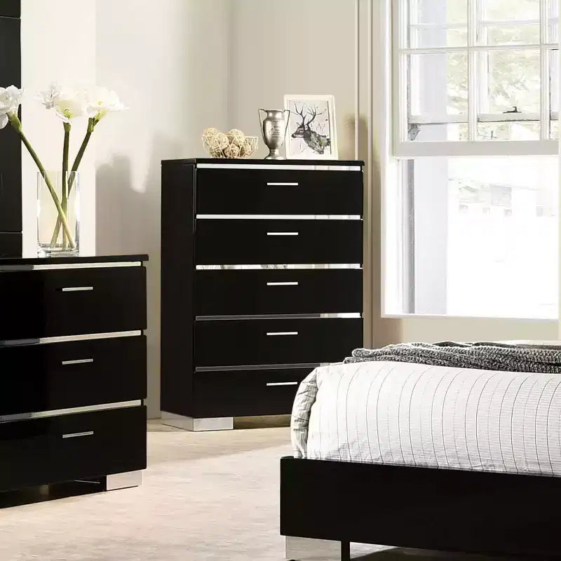 Shorehaven 5 Drawer Chest Black - miBasics: Modern Vertical Dresser, Glossy Finish, Wood Frame, Metal Glides, Anti-Tip Hardware