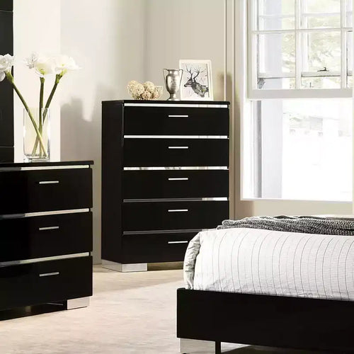 Shorehaven 5 Drawer Chest Black - miBasics: Modern Vertical Dresser, Glossy Finish, Wood Frame, Metal Glides, Anti-Tip Hardware