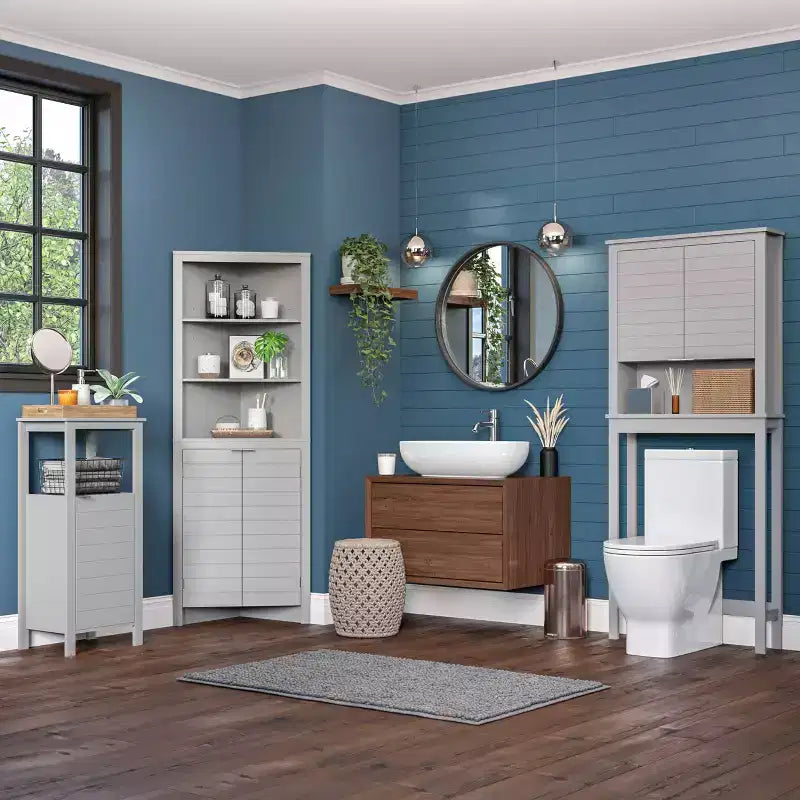 Mobiletto angolare alto per bagno con ripiani aperti