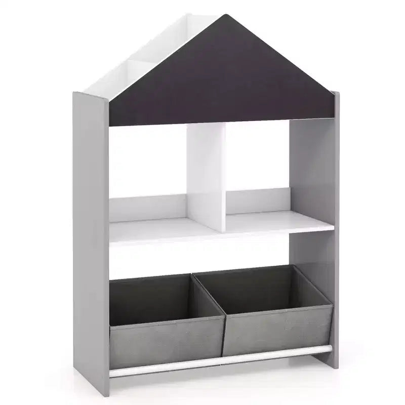 Libreria a Casetta per Bambini con Lavagna e Lavagna Bianca – 4 Scomparti, Grigio/Rosa