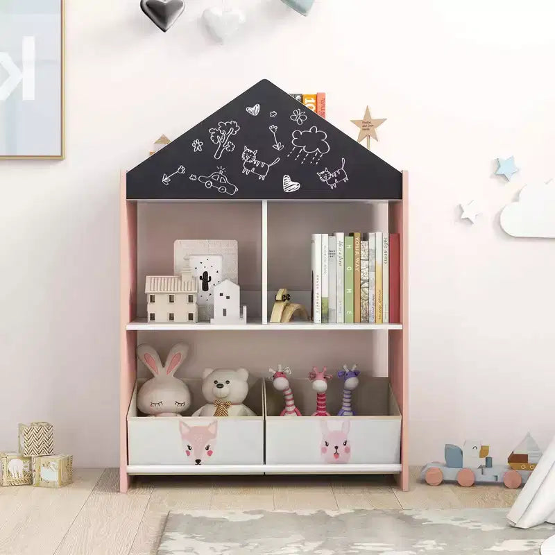 Libreria a Casetta per Bambini con Lavagna e Lavagna Bianca – 4 Scomparti, Grigio/Rosa
