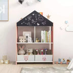 Libreria a Casetta per Bambini con Lavagna e Lavagna Bianca – 4 Scomparti, Grigio/Rosa