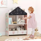 Libreria a Casetta per Bambini con Lavagna e Lavagna Bianca – 4 Scomparti, Grigio/Rosa