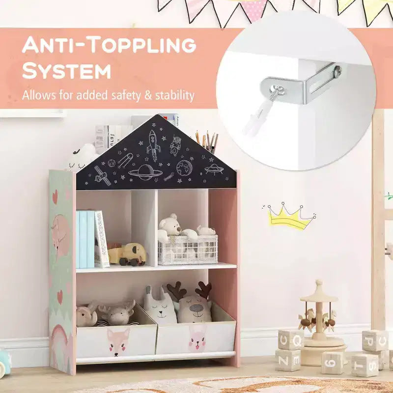 Libreria a Casetta per Bambini con Lavagna e Lavagna Bianca – 4 Scomparti, Grigio/Rosa