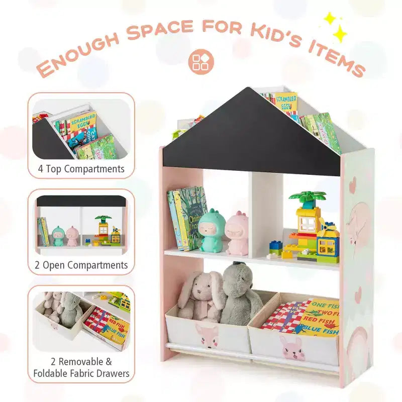 Libreria a Casetta per Bambini con Lavagna e Lavagna Bianca – 4 Scomparti, Grigio/Rosa