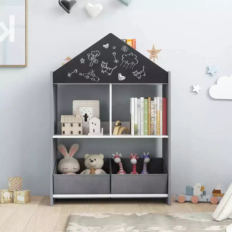 Libreria a Casetta per Bambini con Lavagna e Lavagna Bianca – 4 Scomparti, Grigio/Rosa