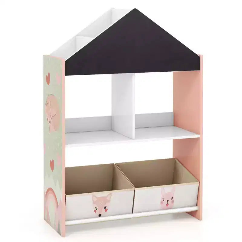 Libreria a Casetta per Bambini con Lavagna e Lavagna Bianca – 4 Scomparti, Grigio/Rosa