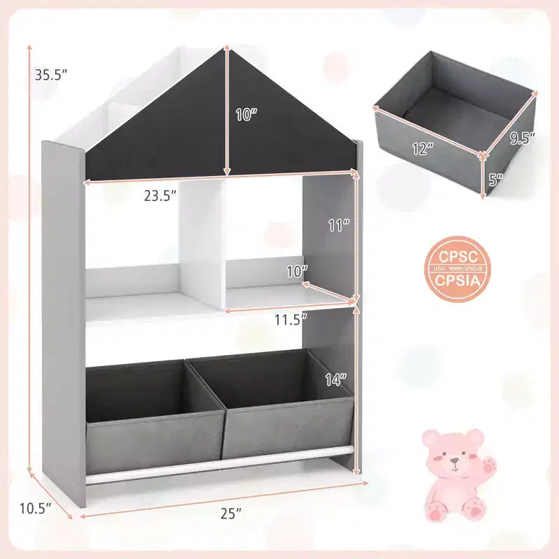 Libreria a Casetta per Bambini con Lavagna e Lavagna Bianca – 4 Scomparti, Grigio/Rosa