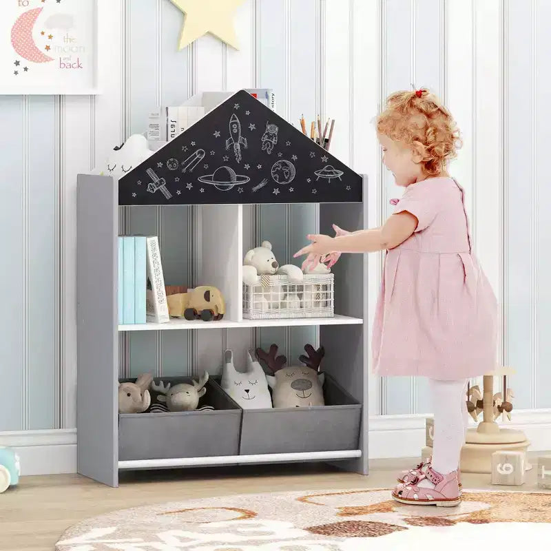 Libreria a Casetta per Bambini con Lavagna e Lavagna Bianca – 4 Scomparti, Grigio/Rosa