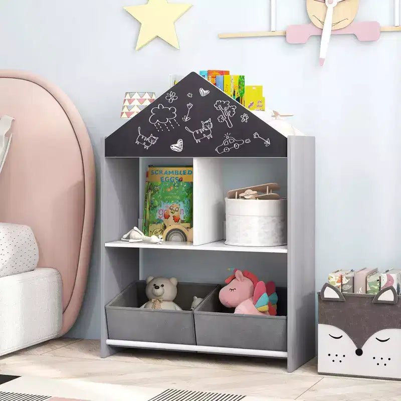 Libreria a Casetta per Bambini con Lavagna e Lavagna Bianca – 4 Scomparti, Grigio/Rosa