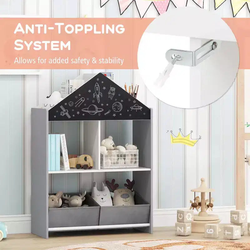 Libreria a Casetta per Bambini con Lavagna e Lavagna Bianca – 4 Scomparti, Grigio/Rosa