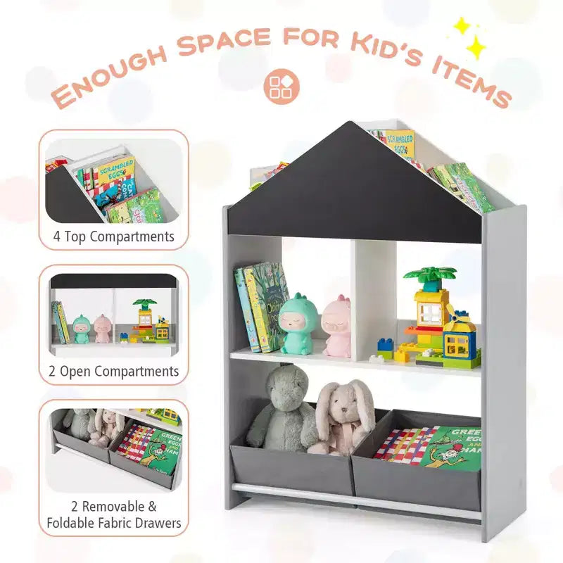 Libreria a Casetta per Bambini con Lavagna e Lavagna Bianca – 4 Scomparti, Grigio/Rosa