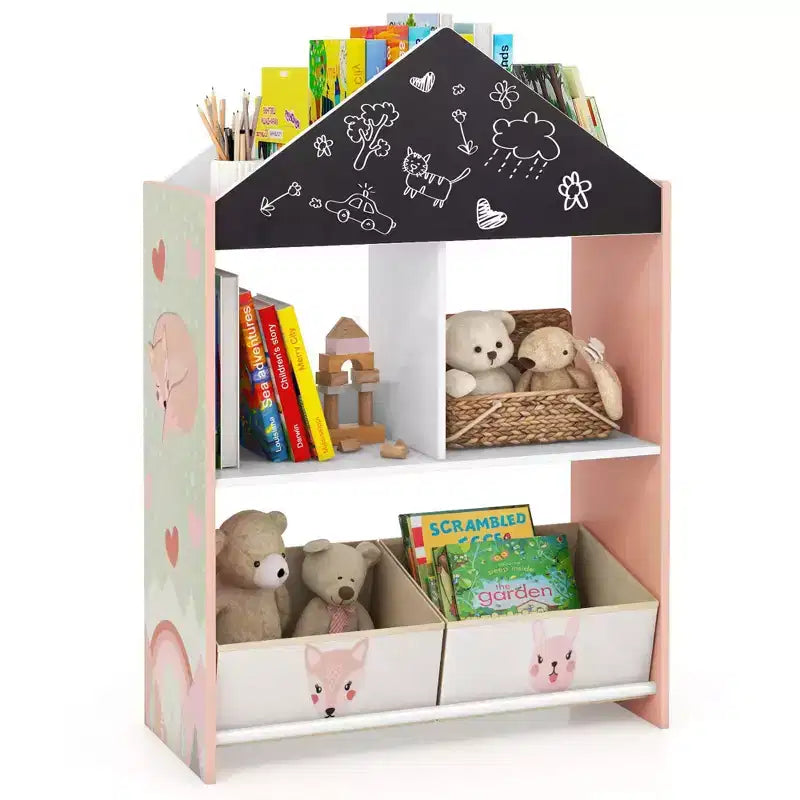 Libreria a Casetta per Bambini con Lavagna e Lavagna Bianca – 4 Scomparti, Grigio/Rosa