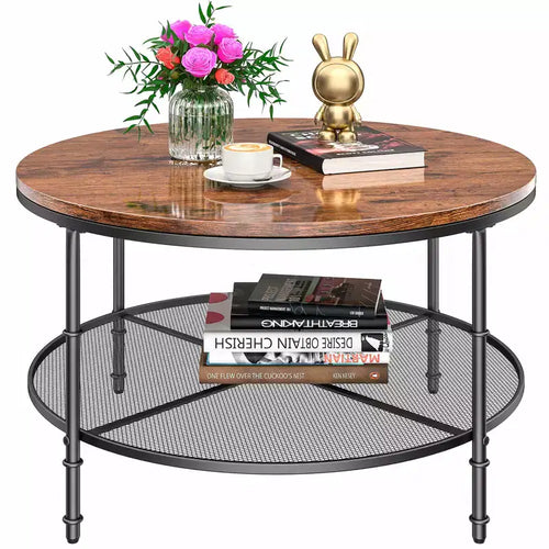 2-Tier Round Coffee Table 35.5 in with Open Storage Shelf and Metal Frame Dark Walnut